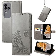 Custodia per telefono in pelle goffrata con chiusura a quattro foglie per vivo S18 Pro (grigio)