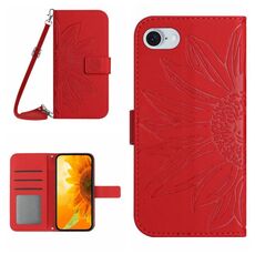 Per iPhone SE 2024 Skin Feel Custodia per telefono in pelle con motivo Sun Flower goffrato con cordino (Rosso)