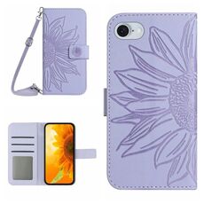 Per iPhone SE 2024 Skin Feel Custodia per cellulare in pelle con motivo Sun Flower goffrato con cordino (viola)