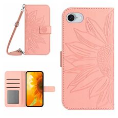 Per iPhone SE 2024 Skin Feel Custodia per cellulare in pelle con motivo Sun Flower goffrato con cordino (rosa)