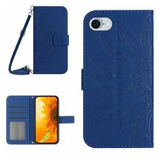 Per iPhone SE 2024 Custodia per telefono in pelle Flip in pelle con motivo Sun Flower in rilievo con cordino (blu scuro)