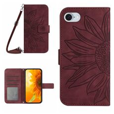 Per iPhone SE 2024 Custodia per cellulare in pelle con motivo Sun Flower goffrato Skin Feel con cordino (vino rosso)