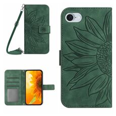 Per iPhone SE 2024 Skin Feel Custodia per cellulare in pelle con motivo Sun Flower goffrato con cordino (verde)