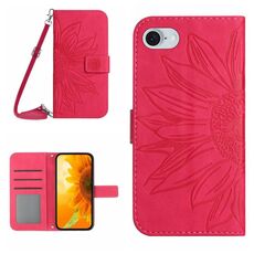 Per iPhone SE 2024 Skin Feel Custodia per cellulare in pelle con motivo Sun Flower goffrato con cordino (Rosa rossa)