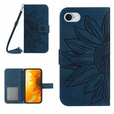 Per iPhone SE 2024 Skin Feel Custodia per telefono in pelle con motivo Sun Flower goffrato con cordino (blu inchiostro)