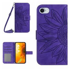 Per iPhone SE 2024 Skin Feel Custodia per cellulare in pelle con motivo Sun Flower goffrato con cordino (viola scuro)