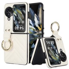 Per OPPO Find N3 Flip Custodia per telefono con supporto ad anello in TPU ibrido PU a forma di V (Bianco)
