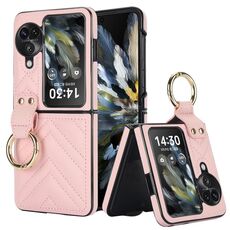 Per OPPO Find N3 Flip Custodia per telefono con supporto ad anello in TPU ibrido PU a forma di V (rosa)