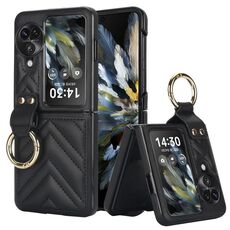 Per OPPO Find N3 Flip Custodia per telefono con supporto per anello in TPU ibrido PU a forma di V (nero)
