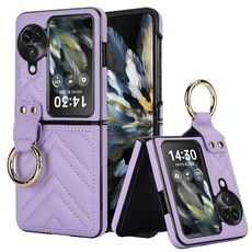 Per OPPO Find N3 Flip Custodia per telefono con supporto per anello in TPU ibrido PU a forma di V (viola)