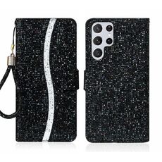 Custodia per cellulare in pelle con polvere glitterata per Samsung Galaxy S24 Ultra 5G (nera)