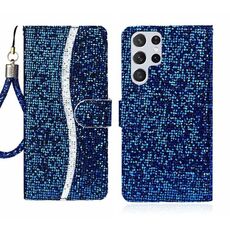 Per Samsung Galaxy S24 Ultra 5G Custodia in pelle con polvere glitterata (blu)