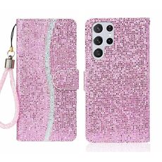 Custodia per telefono in pelle Filp con polvere glitterata per Samsung Galaxy S24 Ultra 5G (rosa)