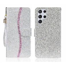 Custodia per cellulare in pelle con polvere glitterata per Samsung Galaxy S24 Ultra 5G (argento)