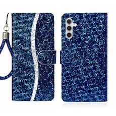 Custodia per telefono in pelle Filp con polvere glitterata per Samsung Galaxy S24+ 5G (blu)