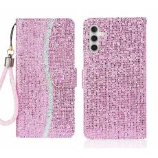 Custodia per telefono in pelle Filp con polvere glitterata per Samsung Galaxy S24+ 5G (rosa)