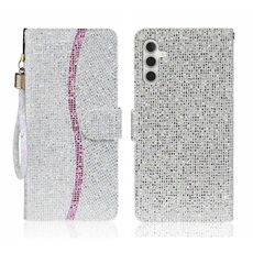 Custodia per telefono in pelle Filp con polvere glitterata per Samsung Galaxy S24+ 5G (argento)