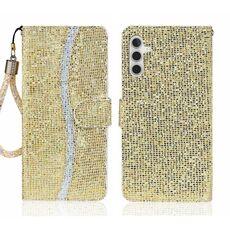 Custodia per telefono in pelle Filp con polvere glitterata per Samsung Galaxy S24+ 5G (oro)