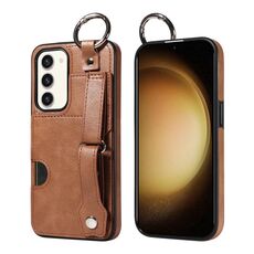 Per Samsung Galaxy S23+ 5G Custodia per telefono con anello per slot per schede da polso con texture in vitello (marrone)