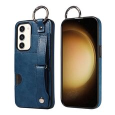 Per Samsung Galaxy S23+ 5G Custodia per telefono con anello per slot per schede da polso con texture in vitello (blu)