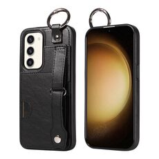Per Samsung Galaxy S23+ 5G Custodia per telefono con anello per slot per schede da polso con texture in vitello (Nero)