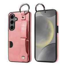 Per Samsung Galaxy S24+ 5G Custodia per telefono con anello per slot per carte da polso con texture in vitello (rosa)