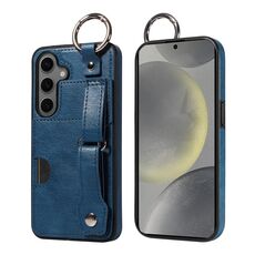 Per Samsung Galaxy S24+ 5G Custodia per telefono con anello per slot per schede da polso con texture in vitello (blu)