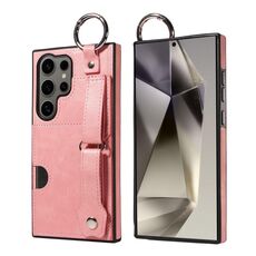 Per Samsung Galaxy S24 Ultra 5G Custodia per telefono con anello per slot per carte da polso con texture in vitello (rosa)