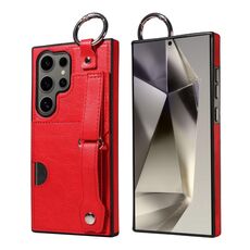 Per Samsung Galaxy S24 Ultra 5G Custodia per telefono con anello per slot per carte da polso con texture in vitello (Rosso)