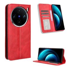 Custodia per telefono in pelle con texture retrò con fibbia magnetica per vivo X100 5G (rossa)