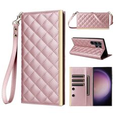 Custodia per telefono in pelle con ventosa rombica a tracolla per Samsung Galaxy S24 Ultra 5G (oro rosa)