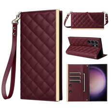 Custodia per telefono in pelle con ventosa rombica a tracolla per Samsung Galaxy S24 Ultra 5G (viola)
