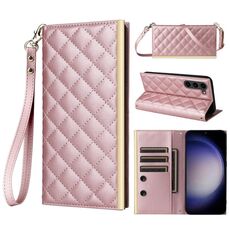Custodia per telefono in pelle con ventosa rombica a tracolla per Samsung Galaxy S23+ 5G (oro rosa)