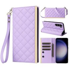 Custodia per telefono in pelle con ventosa rombica a tracolla per Samsung Galaxy S23+ 5G (viola)