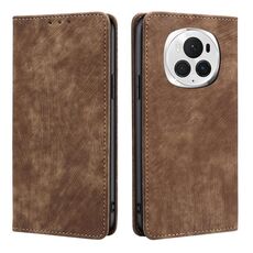 Custodia per telefono in pelle magnetica con spazzola antifurto RFID per Honor Magic6 Pro (marrone)