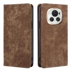 Custodia per telefono in pelle magnetica con spazzola antifurto RFID per Honor Magic6 (marrone)