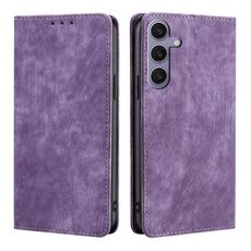 Custodia per telefono in pelle magnetica con spazzola antifurto RFID per Samsung Galaxy S24+ 5G (viola)