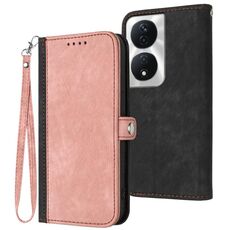 Custodia per telefono in pelle con cinturino a mano con doppia fibbia laterale per Honor X7b (rosa)