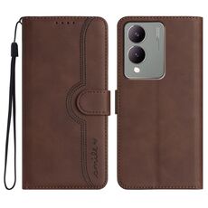 Custodia in pelle per vivo Y17s 4G Global/Y28 5G India con motivo a cuore Skin Feel (marrone)