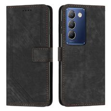 Custodia per telefono in pelle con motivo a strisce per vivo Y100 IDN con cordino (nero)