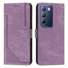Custodia per telefono in pelle con motivo a strisce per vivo Y100 IDN Skin Feel con cordino (viola)