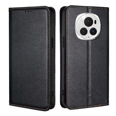Custodia per telefono in pelle magnetica tinta unita per Honor Magic6 Pro Gloss Oil (nera)
