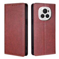 Custodia per telefono in pelle magnetica tinta unita per Honor Magic6 Pro Gloss Oil (marrone)