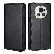 Custodia per telefono in pelle magnetica tinta unita per Honor Magic6 Gloss Oil (nera)