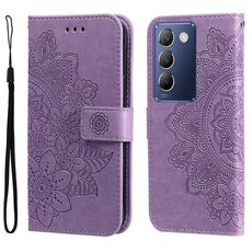 Per vivo Y100 IDN / Y200e 5G Global Custodia in pelle con fiori a 7 petali in rilievo (viola chiaro)