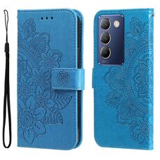 Per vivo Y100 IDN / Y200e 5G Global Custodia per cellulare in pelle con fiori a 7 petali (blu)
