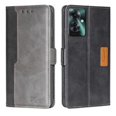 Per OPPO Reno11 F 5G Custodia per telefono in pelle con fibbia laterale in colore a contrasto (nero + grigio)
