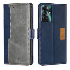 Per OPPO Reno11 F 5G Custodia per telefono in pelle con fibbia laterale in colore a contrasto (blu + grigio)