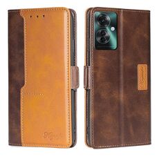 Per OPPO Reno11 F 5G Custodia per telefono in pelle con fibbia laterale in colore a contrasto (marrone scuro + oro)