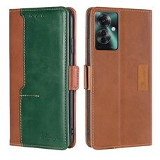 Per OPPO Reno11 F 5G Custodia per telefono in pelle con fibbia laterale in colore a contrasto (marrone chiaro + verde)